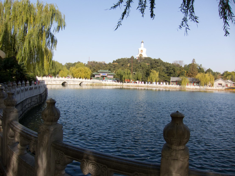 China November 2011 - From Shanghai to Beijing - View of Beihai park, the lake, the bridge, thr drum tower.