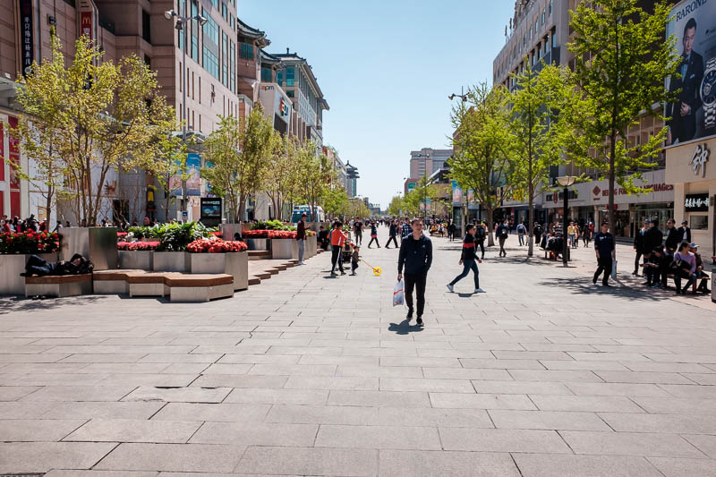 The great loop of China - April 2018 - This is Wangujing pedestrian street. It is wide and has been rebuilt since I was last here. The trees are great, but have not got all their leaves yet