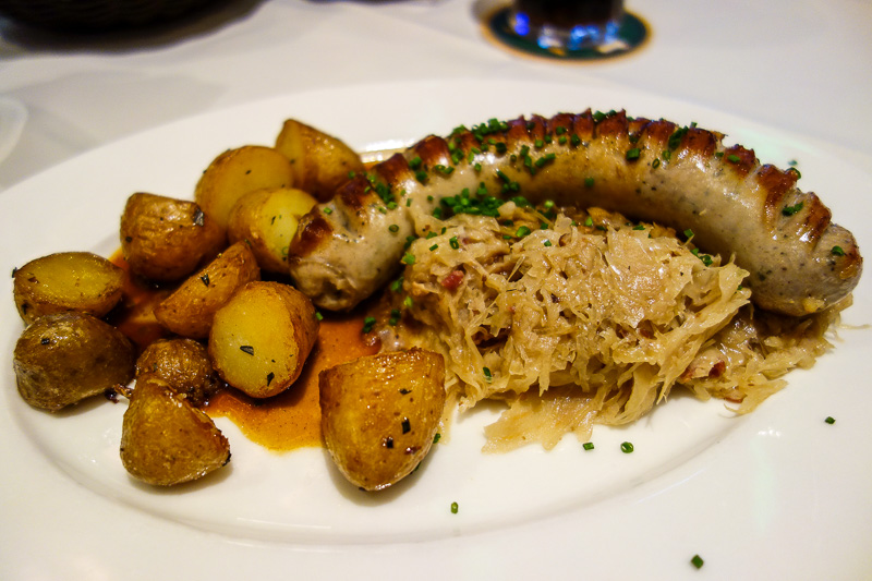 London / Germany / Austria - Work & Holiday - May and June 2016 - I finally had a sausage dinner. More potatoes of course. The highlight was probably the sauerkraut. The sausage was fairly plain and seemed to be of s