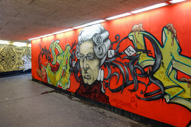 Austria-Salzburg-Hiking-Rain - The underpass has Mozart graffiti.