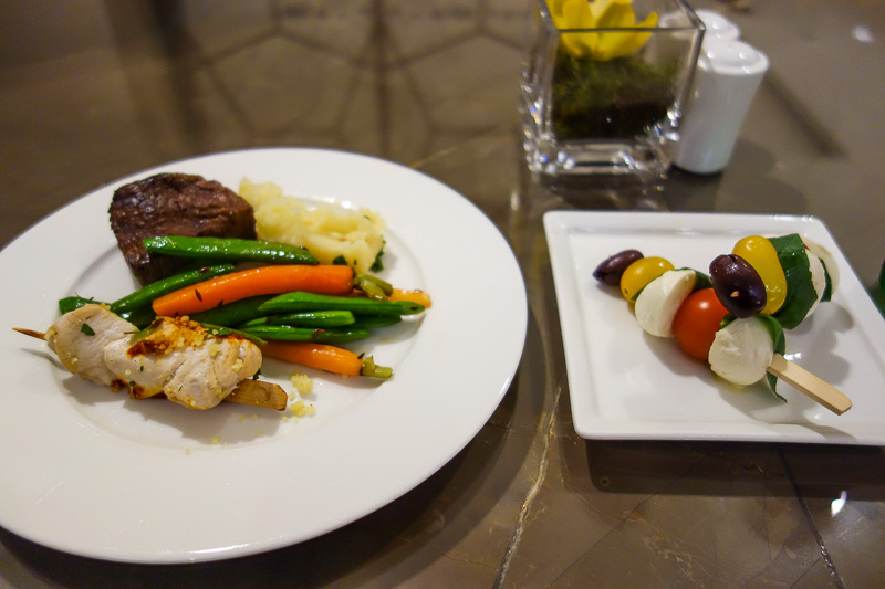 London / Germany / Austria - Work & Holiday - May and June 2016 - Part 1 of meal 1 is fillet steak and vegetables. Delicious.