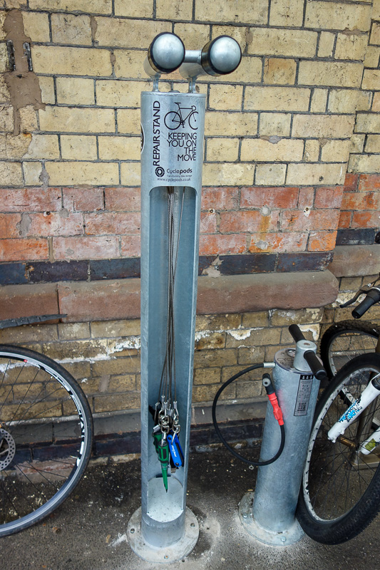 London / Germany / Austria - Work & Holiday - May and June 2016 - Later in the day now, and this is on the Warrington train platform. Its a bike repair station with tools. They let you park your bikes on the platform