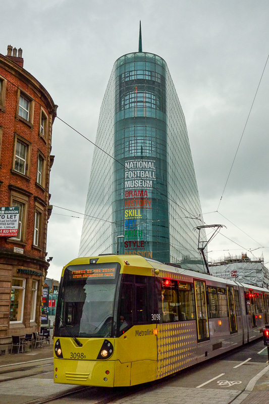 London / Germany / Austria - Work & Holiday - May and June 2016 - Tram and a modern building. The English Football museum. You can go here if you want to get into a drunken fight to add to the cities proud history.