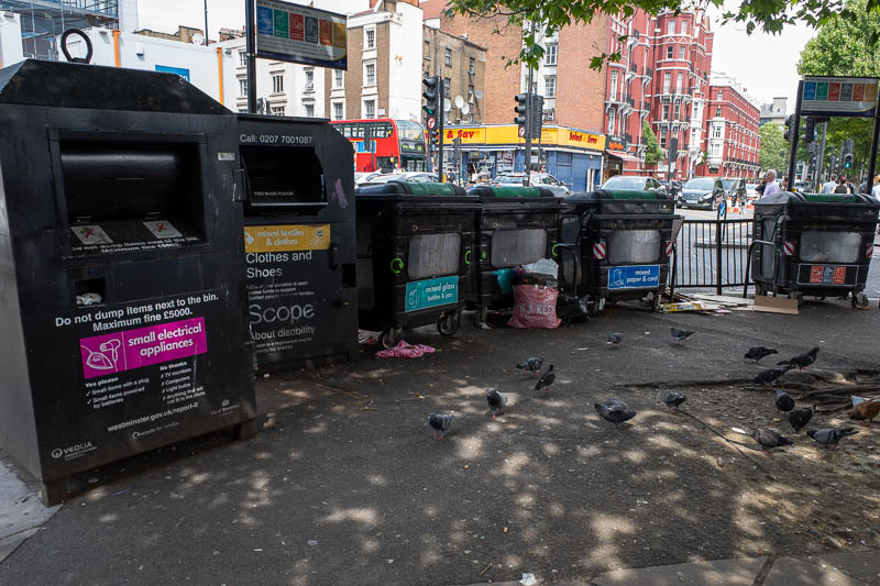 France & England... for work... - A filthy recycling station, enjoyed by pigeons.