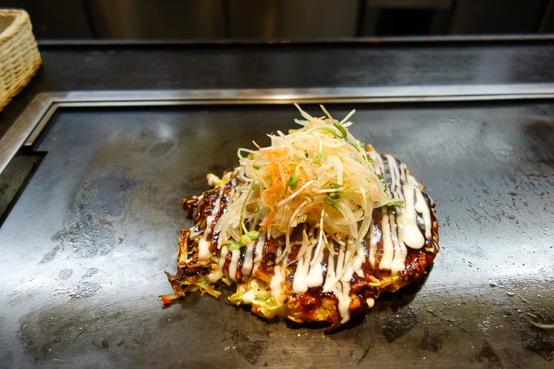 Japan-Kyoto-Temple-Gion-Okonomiyaki - Excellent Okonomyaki. I got added vegetables. Its an activity meal, you get a lot of things to add, and various implements to dissect it and make bits
