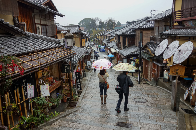 Japan-Kyoto-Rain-Temple-Kinkajuji - Back where I was last night now for the ancient streets. Mainly these are pubs and cafes and crepe shops, but they look good.