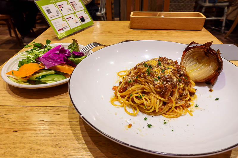 Japan-Hiroshima-Pasta-Mall - You might think my serve of pasta is tiny, but it came out on a joke plate. The salad bar plate along side it is a full size dinner plate. I mixed my 