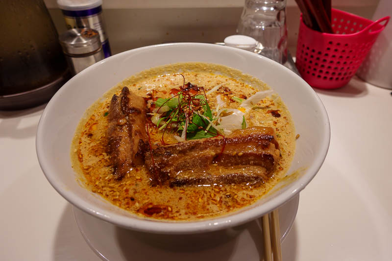 Japan-Tokyo-Shimbashi-Roppongi - Despite the allure of the food court, I really wanted this, so I got it, Dandan noodles with added pork belly. Which is numbing and spicy soup, with m