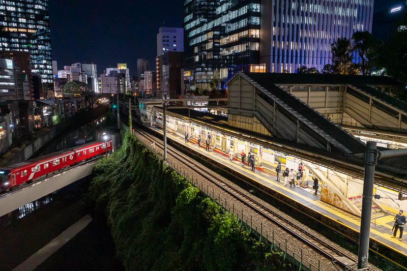 Japan-Tokyo-Curry - And now from the bridge of the exposed platform, complete with the red train on another line that belongs to a completely different company.