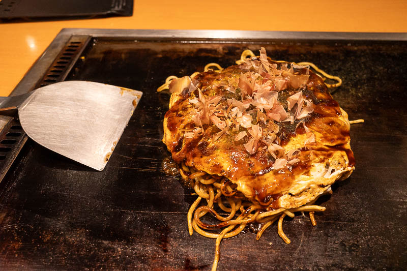 Back to Japan for the 11th time - October and November 2024 - And now for my dinner, okonomiyaki, Hiroshima style (with noodles). Look at the great job I did assembling it? OK I did not really assemble it, and th