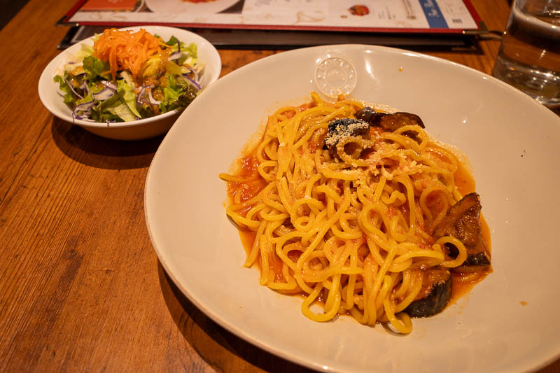 Japan-Fukui-Pasta - So I decided on pasta. I made absolutely sure I got a non cream variety. Tomato and eggplant. Not bad. Tomorrow, dinosaurs (no hiking).