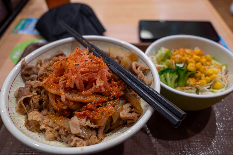 Japan-Tokyo-Shinagawa - My aforementioned dinner from Sukiya. A beef bowl with kim chi, yes I know it is called gyudon. It was so cheap that I added on the side salad, and th