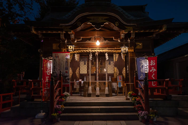 Japan-Tokyo-Musashi Koyama - At the end of the gloomy bit, a really dark NIGHT SHRINE. All caps for possible band name.