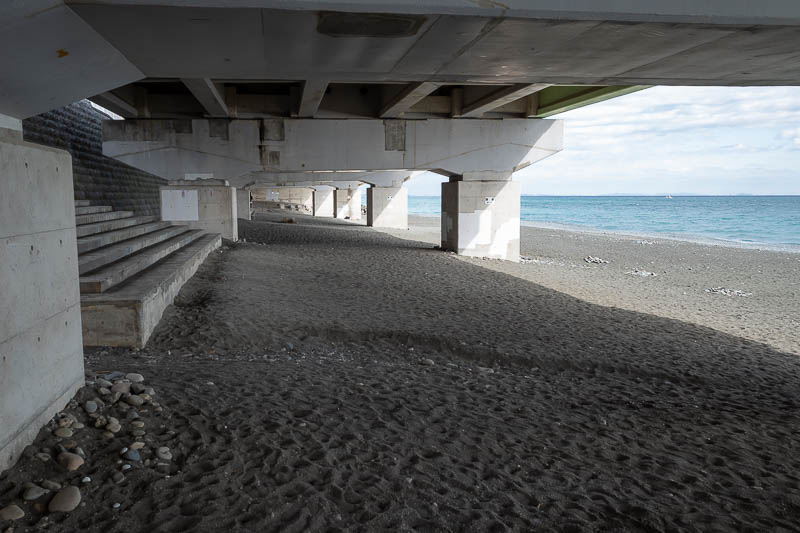 Japan-Odawara-Castle-Beach - Time to hit the beach. Ahhh, here is a typical Japanese bridge, under a freeway overpass. This is the main beach in this area! It is advertised as a t