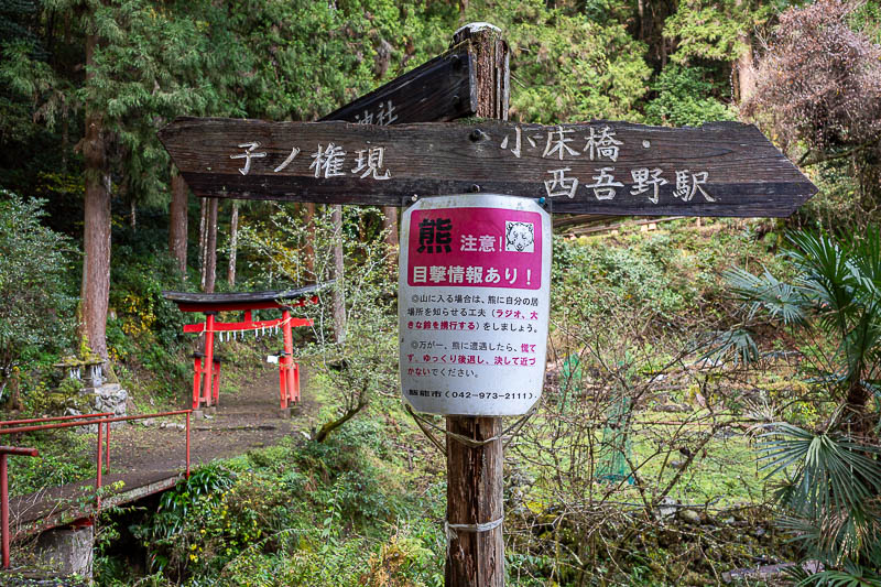 Japan-Tokyo-Hiking-Mount Izugatake - Today's bear warning sign, and a small shrine. The path to take is not the path to that shrine.