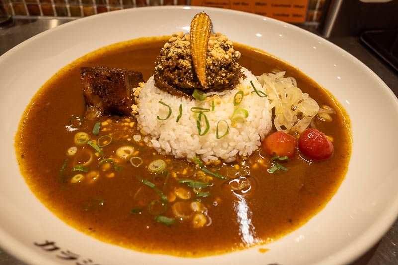 Japan-Tokyo-Akihabara-Curry - Finally, here is my curry. It is a bit different. First of all you get a big cube of fatty pork (on the left). Then the brown stuff on top of the rice