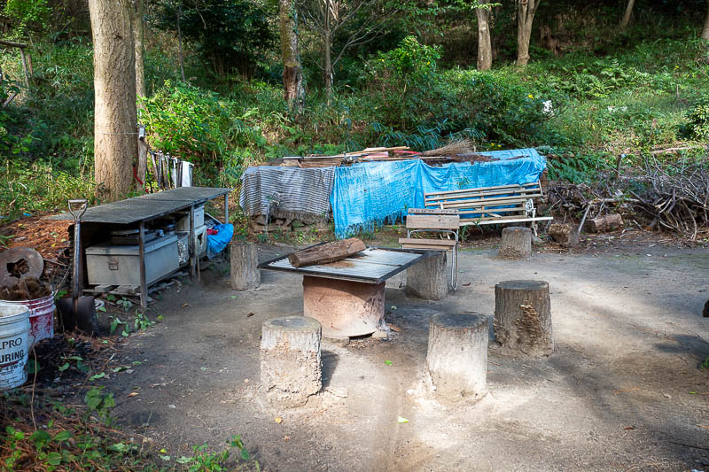 Japan-Kobe-Hiking-Higashiyama - Soon after the shrine, an old man hang out spot. They were nearby collecting pine cones. For what purpose I have no idea.