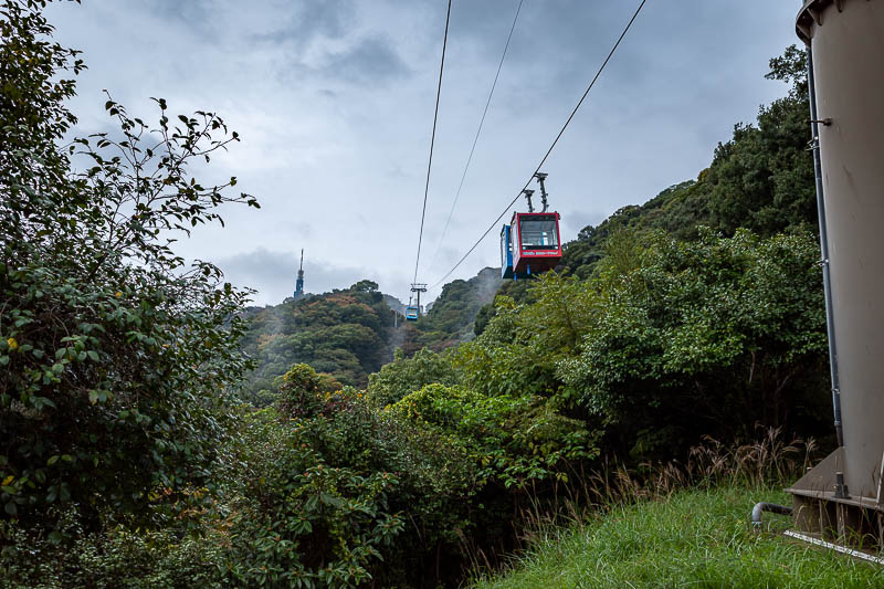 Japan-Tokushima-Castle-Mount Bizan - The cable car was not running yet for customers. It briefly did a test run just as I went under it.