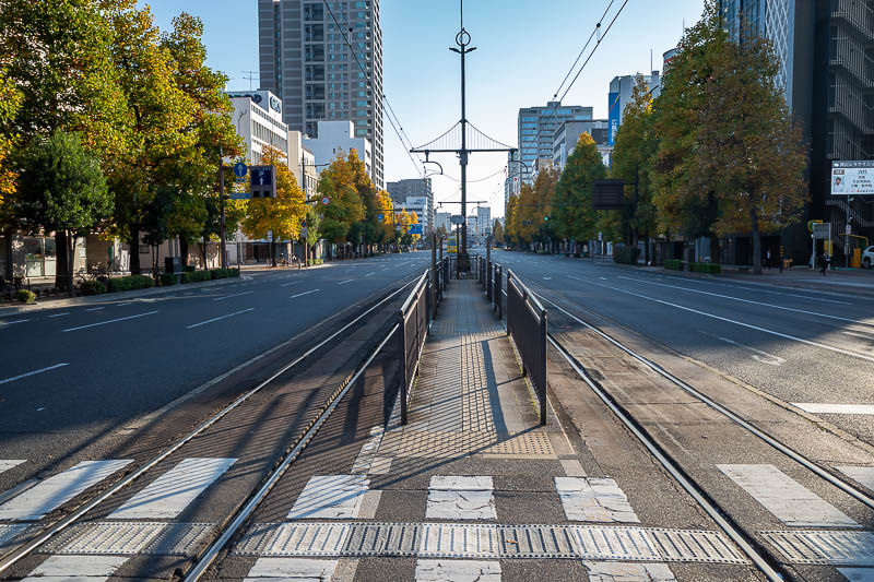 Japan-Okayama-Tokyo-Shinkansen - At dawn I went for a walk around the city. It was nice and quiet. I could stand in the middle of tram tracks and take photos of no cars. Nice trees.