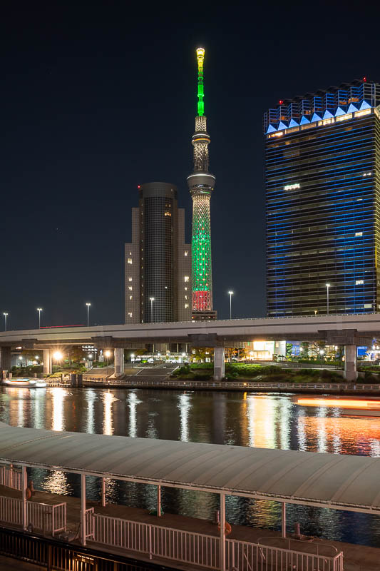 Japan-Tokyo-Skytree - First view of skytree. Portrait orientation. This one was a long exposure balanced on a gate.