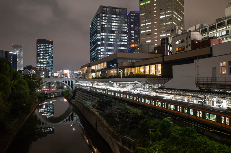 Japan-Tokyo-Kanda-Ramen - This is Ochanomizu station, with various other train lines in view. On the left you can see a train on the lower bridge, they also go over the upper b