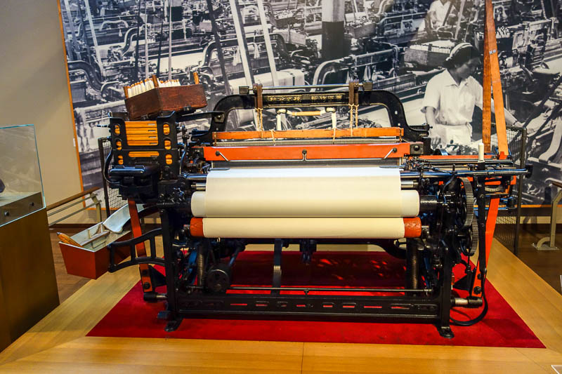 Japan 2015 - Tokyo - Nagoya - Hiroshima - Shimonoseki - Fukuoka - And here it is, the worlds first fully automated loom for turning cotton balls picked by slaves into fabric.