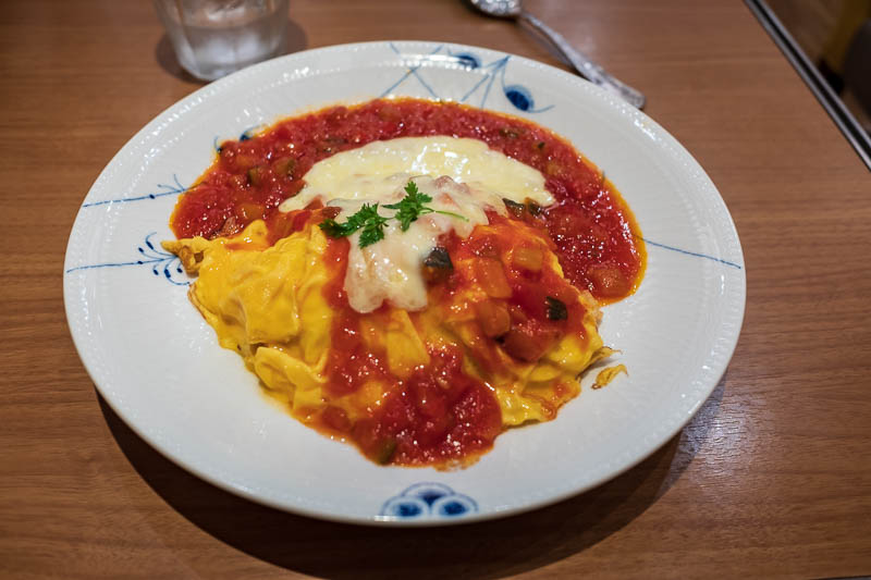 Japan-Tokyo-Ginza-Rain-Food-Omurice - I had to retreat underground to find dinner. I found this place and had spaghetti omurice, there are spaghetti noodles inside the egg, so its not omur