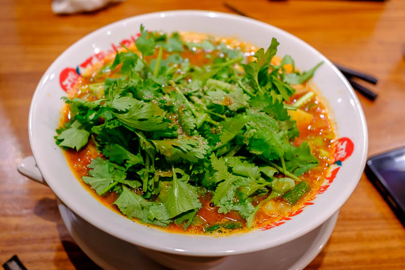 Japan-Tokyo-Kichijoji-Shopping Street-Ramen - And here it is, I selected a vegetarian option with eggplant and heaped coriander. It looks just like tomato soup but theres actually ramen underneath