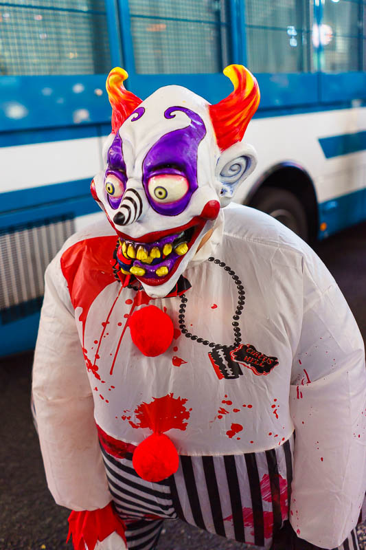Japan-Tokyo-Halloween-Shibuya - Here is a clown, with blood. Actually it was printed on the suit I think?