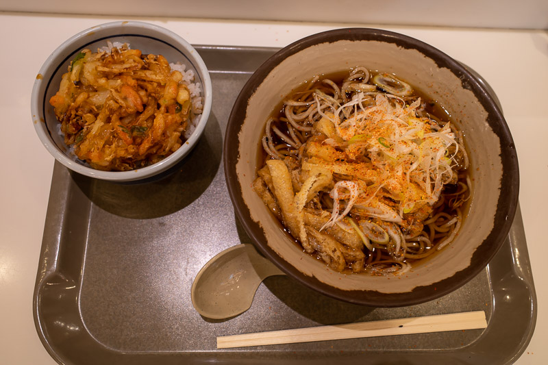 Japan for the 9th time - Oct and Nov 2019 - And here is my delicious dinner, featuring hot soba and some tempura vegetables. Right now I am enjoying mandarin slices in white flavourless calorie 