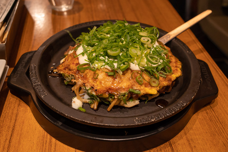 Japan-Tokyo-Shinjuku-Okonomiyaki - Flipping things on its head tonight. Dinner is the first photo. Lots of green onions Okonomiyaki.