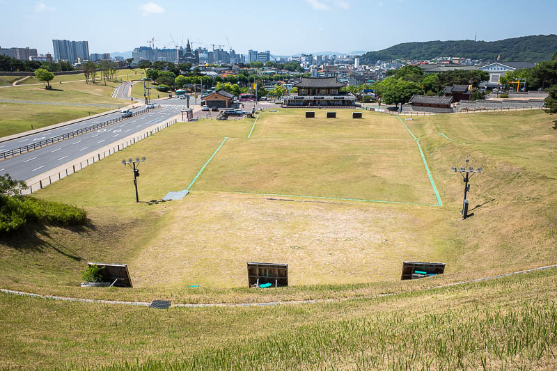 Korea-Suwon-hwaseong fortress - This is mildly concerning. An archery field. No one was shooting arrows while I crossed over the top, but what if they sneeze as they fire?