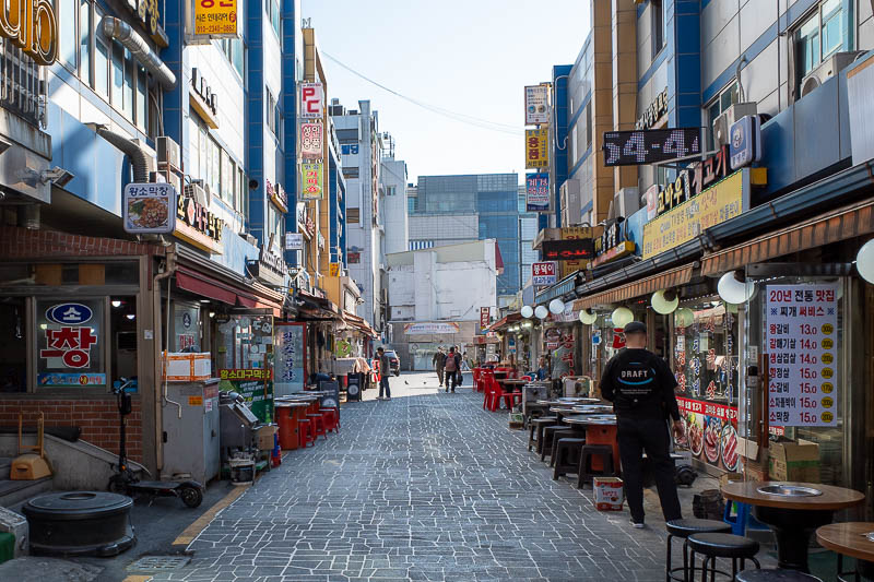 Korea-Suwon-Food-Banchan - Here is a street full of bbq places near the station. I would like to have bbq but it is hard to do as a solo diner. Some of these ones here use hot c