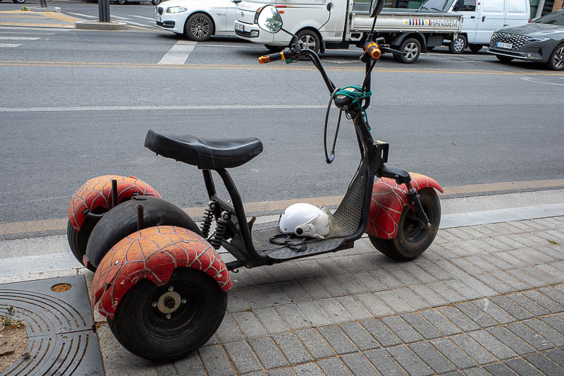 Korea for the 4th time - May and June 2022 - I see a lot of 'bikes' like this in Korea. This one is spiderman themed, earlier today I saw someone riding a dragon. I presume they are battery power