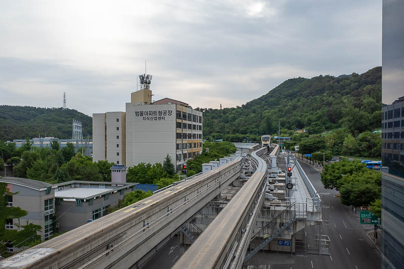 Korea-Daegu-Hiking-Yongjibong - I got to ride the monorail, twice! All the way to the end of the line. Here is where it goes past the end of the line and comes back again as the trac
