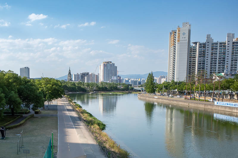 Korea for the 4th time - May and June 2022 - Time to start my walk along the river. It was hot, but a nice breeze and mostly shade. Lots of people were enjoying the river.