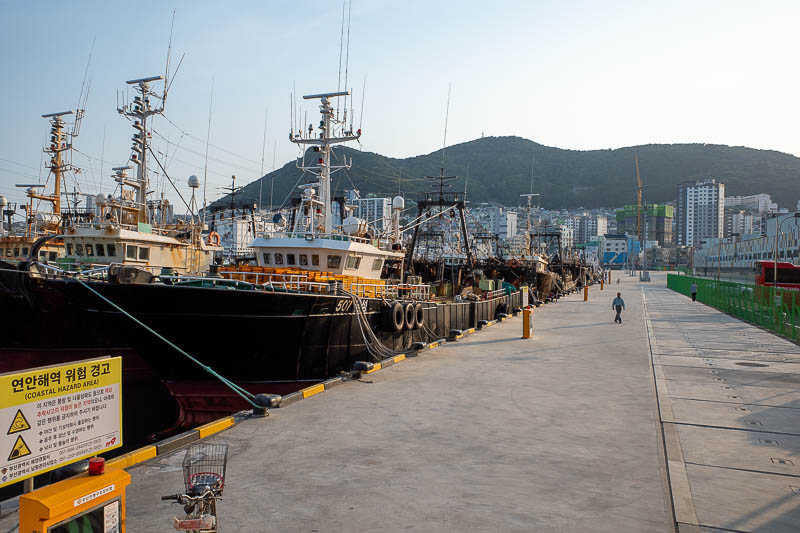 Korea-Busan-Jagalchi - The fleet is tied up for the evening. I enquired as to who would provide me safe anonymous passage to Siam. No one answered.