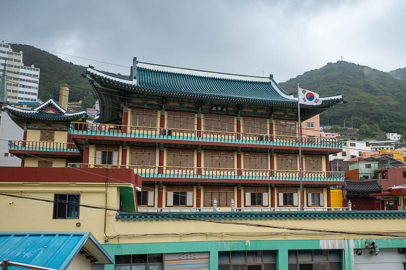 Korea-Busan-Rain-Gamcheon - Nearer the bottom, predictable temples appear.