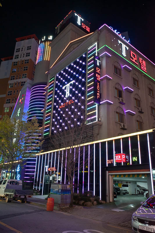 Korea-Gwangju-Sangmu - And for my last photo tonight, the hotel I should have stayed in. There are at least 50 similarly lit up hotels in the general vicinity of Sangmu stat
