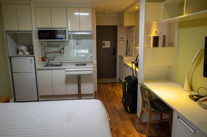 Korea-Gwangju-Daejeon-KTX - And finally, my very well equipped hotel room. It has a kitchen, a pull out kitchen bench, 3 different desk areas, and a washer dryer. As I mentioned,