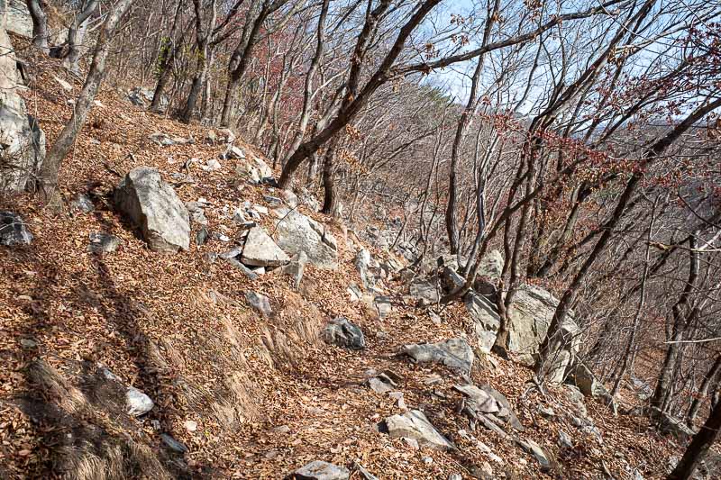 Korea-Daejeon-Hiking-Gyeryongsan - The lonely path between peaks was rocky and leafy. But progress was still relatively fast.
