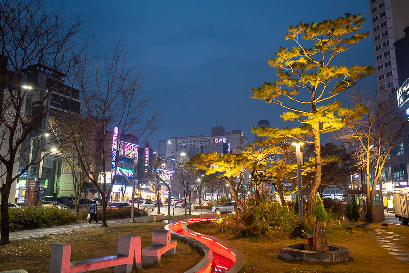 Korea-Daejeon-Yuseong - An example of the expanded foot spa garden area with lights and trees.