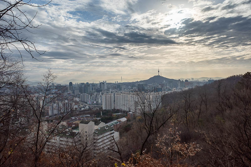 Korea-Seoul-Hiking-Ansan - First view of similar views of Seoul tower. Clear, great clouds.