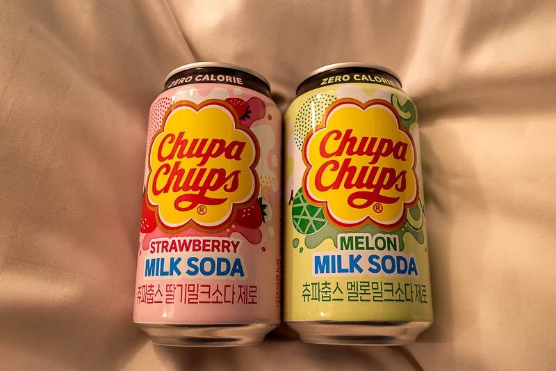More of the same of Korea - March and April 2024 - Tonight's zero calorie drinks of choice, chupa chups strawberry and melon flavoured milk soda. Yes really. Actually I could say I got the strawberry o