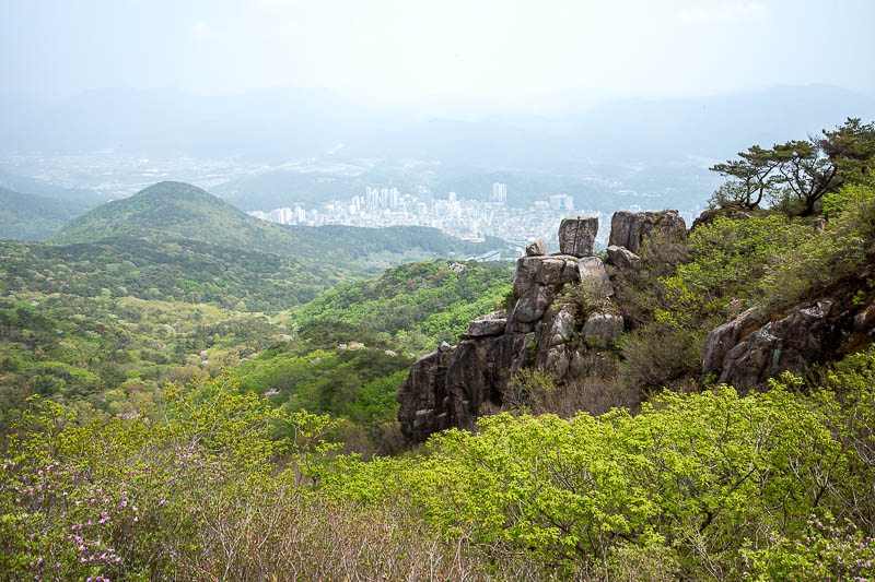 Korea-Busan-Hiking-Geumjeong - City below. I wish it was clearer. Today was cloud rather than pollution. It never rained and was quite warm and humid.
