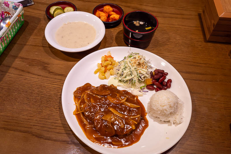 More of the same of Korea - March and April 2024 - And for dinner, poor persons steak night. It might have been horse. With kidney beans and macaroni. The bonus corn based grool was nice. Tomorrow is a