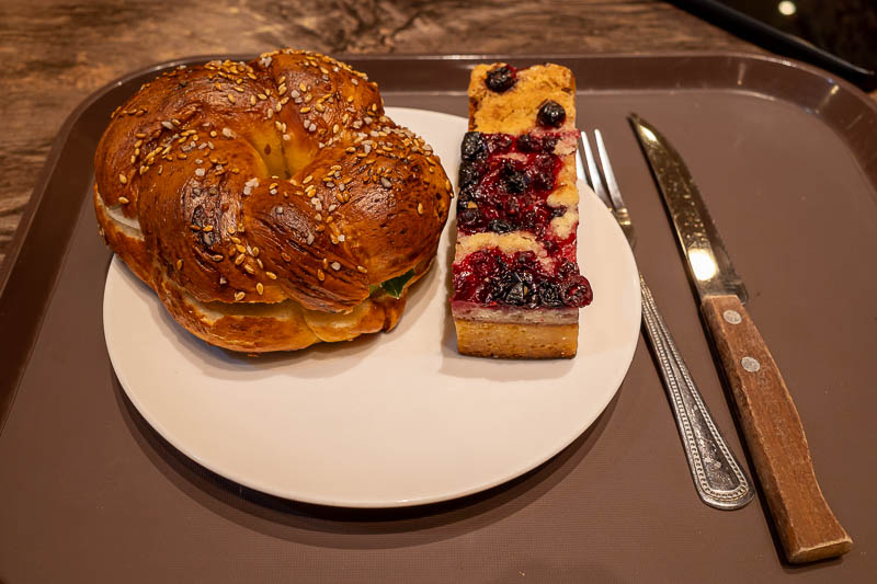 Korea-Seoul-Anyangcheon - Lunch today was from a bakery. They had sold out of most of the normal sandwiches so I ended up with a cream cheese bagel and a small cake. It was ver