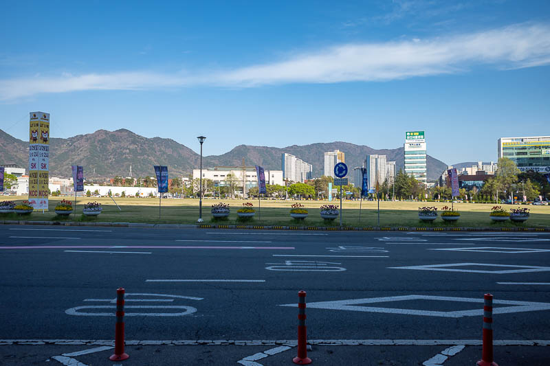 Korea-Changwon-Mall - This is the big roundabout at the end of the big wide street my hotel is on. It is so big, and so full of nothing but grass, that it makes for the mos
