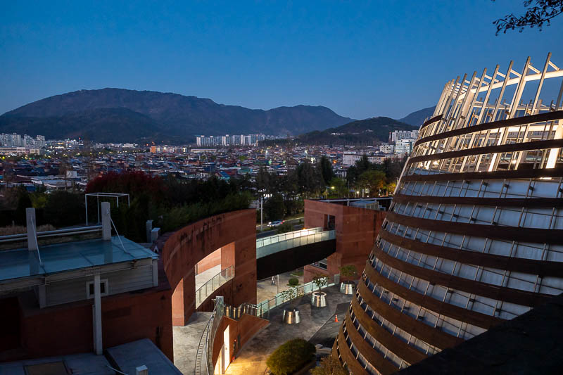 Korea-Changwon-Mall - To end the evening, I climbed up to the roof. It had a roof garden. It was very dark up there and I am not sure I was supposed to be there. Tomorrow I