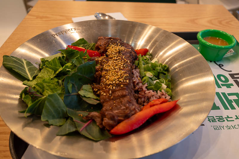 Korea-Seoul-Myeongdong-Cheonggyecheon - For my dinner, spinach and beef, from a diet food chain named 'Preppers', which probably has a more common meaning that is lost on them. I like to eat